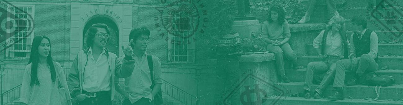 Green graphic with vintage photos and multiple Ohio University 校友 Association logos.